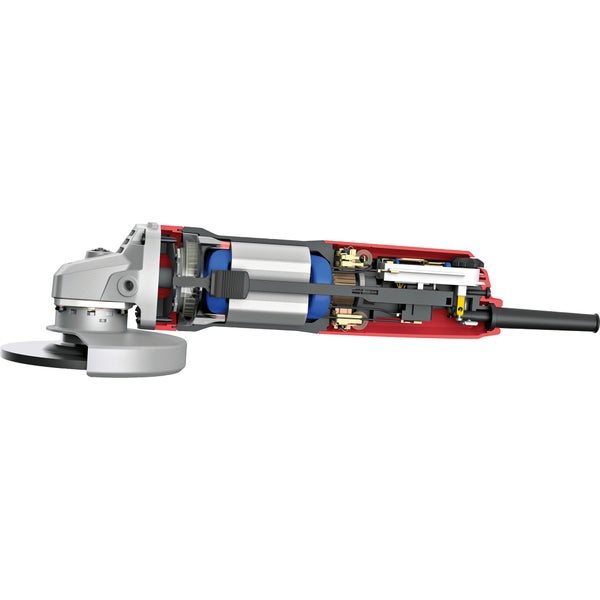 Schnittansicht eines Winkelschleifers mit sichtbaren internen Bauteilen wie Elektromotor und Getriebe.