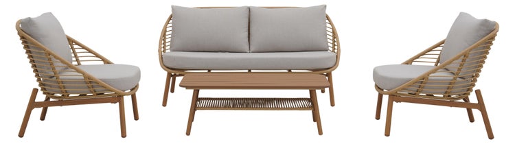 Lounge-Set bestehend aus einem Zweisitzer-Sofa, zwei Sesseln und einem Couchtisch mit Holzbeinen und grauen Polstern.