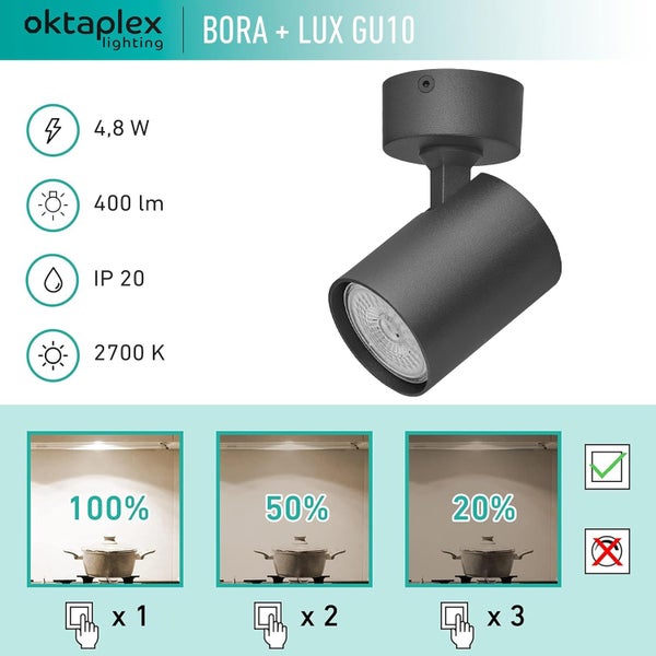 Bora Deckenstrahler inklusive GU10 Leuchtmittel 400lm 2700K warmweiß dimmbar 4,8W 1-flammig schwarz Deckenleuchte