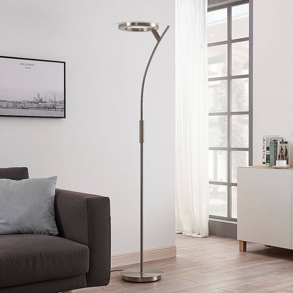 Lindby LED Stehlampe, Deckenfluter dimmbar mit Touchdimmer Standleuchte nickel satiniert 1x 30W warmweiß 3000K Stehleuchte Wohnzimmer