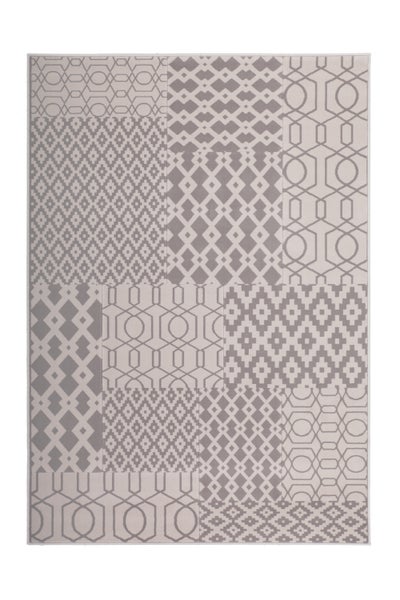 Rechteckiger Webteppich mit Patchwork Muster aus geometrischen Formen