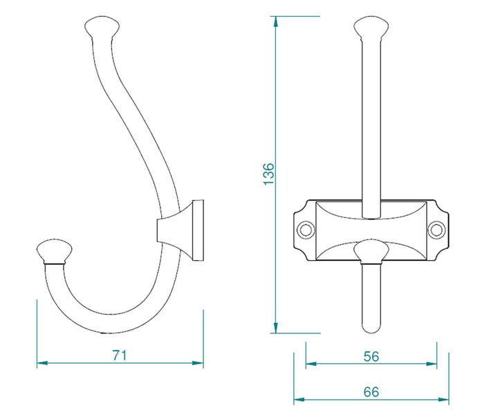 Technische Zeichnung eines Kleiderhakens mit Maßangaben