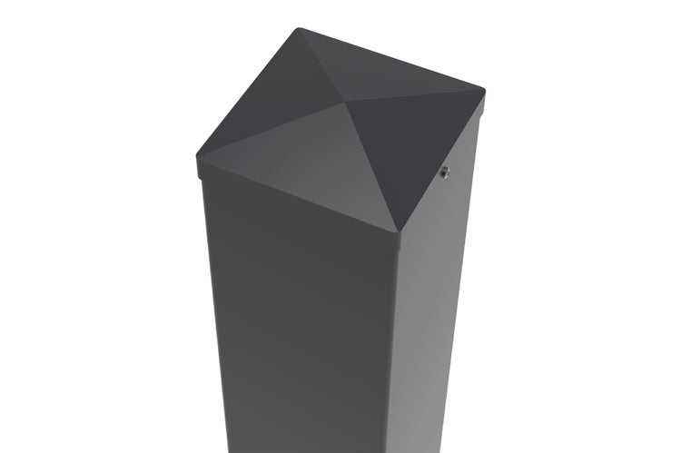 Quadratische Pfostenkappe in Pyramidenform für Zaunpfosten aus Metall.