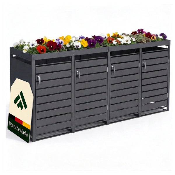 Mülltonnenbox aus Metall für vier Tonnen mit integriertem Pflanzdach und bunten Blumen, Anthrazit.