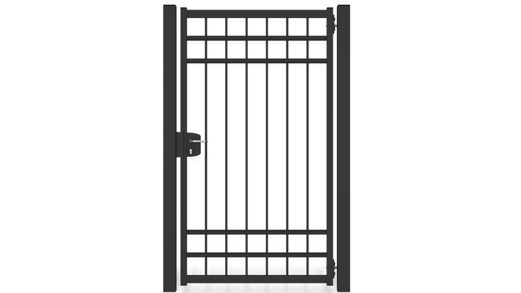 Gartentor ZAUNGURU BASIC-Linie Oldenburg Kreis aus Metall, Höhe: 183cm, Breite: 123cm, 1-flügelig inkl. Pfosten, Schloss und Zubehör, Feuerverzinkt und zusätzlich in RAL 7016 Anthrazitgrau pulverbeschichtet