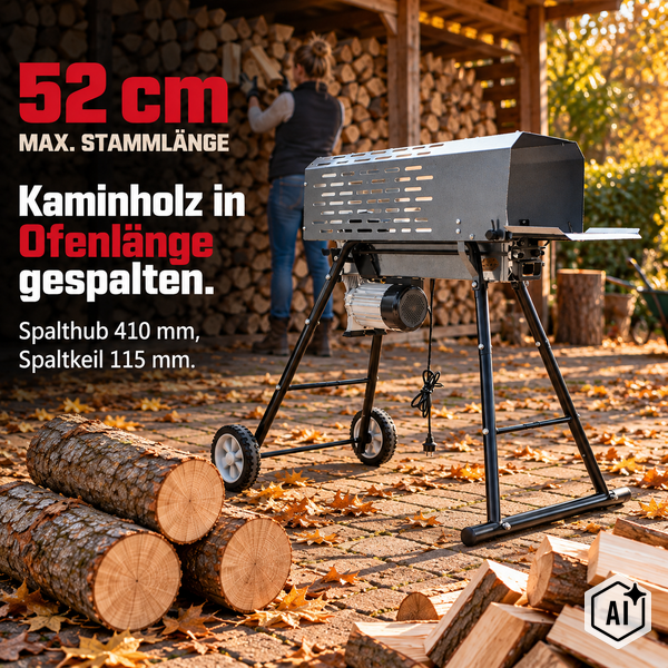 Elektrischer Holzspalter mit 52 Zentimeter maximaler Stammlänge und 410 Millimeter Spalthub zur Herstellung von Kaminholz.