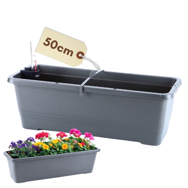 Grauer Blumenkasten mit Bewässerungssystem und bunten Blumen, Größenangabe 50 Zentimeter