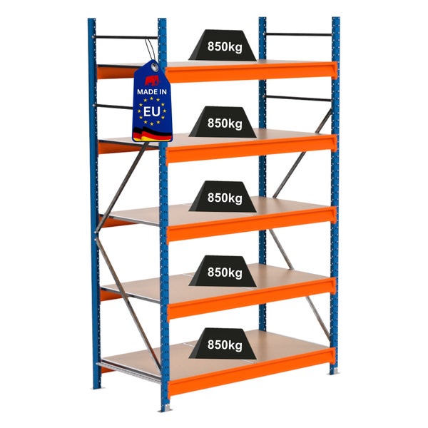 Lagerregal mit fünf Ebenen und Made in EU Kennzeichnung