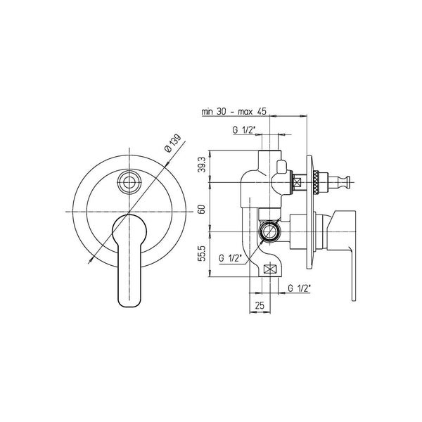 Technische Zeichnung eines Wasserhahns mit Maßangaben