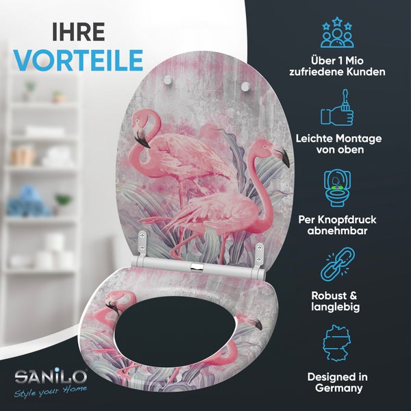 Sanilo WC Sitz mit Flamingo Motiv und Absenkautomatik mit Vorteilen wie einfacher Montage und Abnehmbarkeit per Knopfdruck.