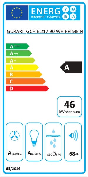 EU-Energielabel für Gurari GCH E 217 90 WH PRIME N, Energieeffizienzklasse A, Energieverbrauch 46 Kilowattstunden pro Jahr, Geräuschwert 68 Dezibel.