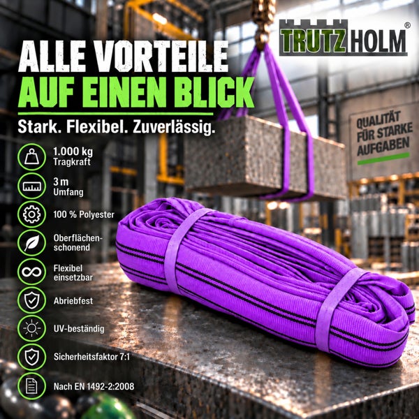 Rundschlinge aus Polyester mit 1000 kg Tragkraft und 3 m Umfang für Hebearbeiten in Industrie und Handwerk mit Trutzholm Logo