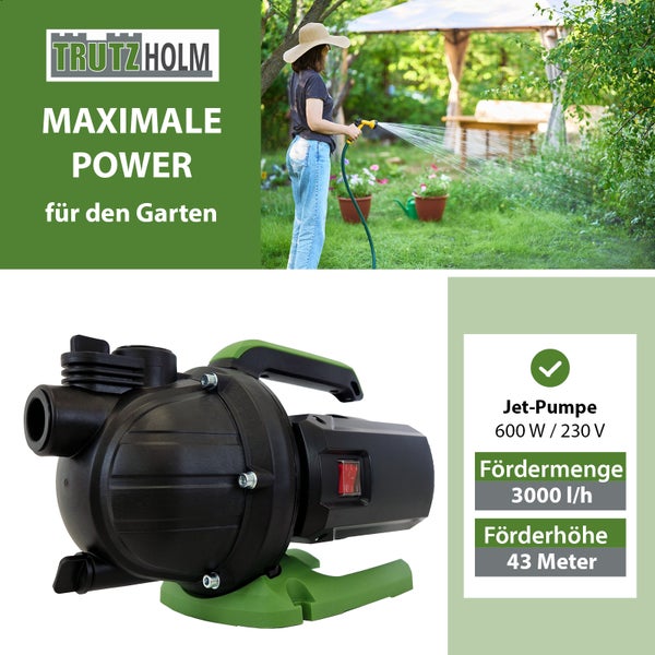 Gartenpumpe 600 W 3000 l/h Förderhöhe 43 m Jetpumpe Wasserpumpe Saugpumpe zur Gartenbewässerung