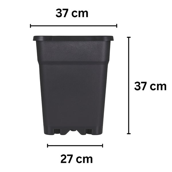 Schwarzer quadratischer Pflanztopf aus Kunststoff mit 37 Zentimeter Höhe, 37 Zentimeter oberer Breite und 27 Zentimeter unterer Breite.