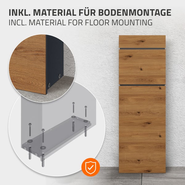 Paketbriefkasten in Holzoptik inklusive Material für die Bodenmontage, Detailansicht der Befestigung mit Schrauben.