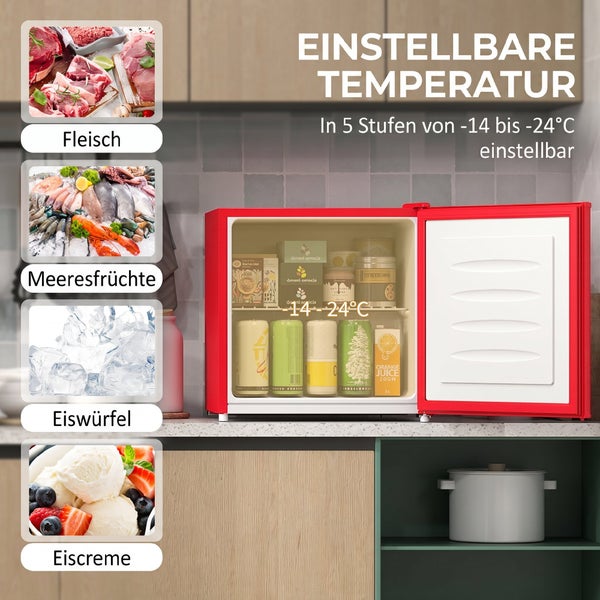 Kleiner roter Gefrierschrank auf Küchenarbeitsplatte, Temperatur von minus 14 bis minus 24 Grad Celsius in 5 Stufen einstellbar.