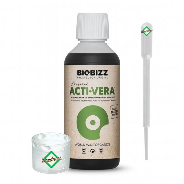 Biobizz Acti-Vera organischer Pflanzenhilfsstoff in einer Flasche mit Messbecher und Pipette.
