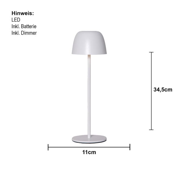 Weiße LED Tischleuchte mit Akku und Dimmer, 34,5 cm hoch