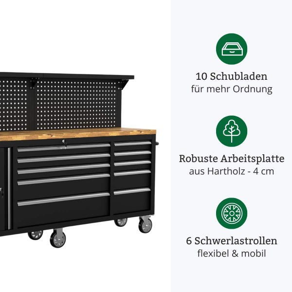 Werkbank mit 10 Schubladen und Lochwand, Arbeitsplatte aus Hartholz, 4 Zentimeter Stärke, 6 Schwerlastrollen für Mobilität.