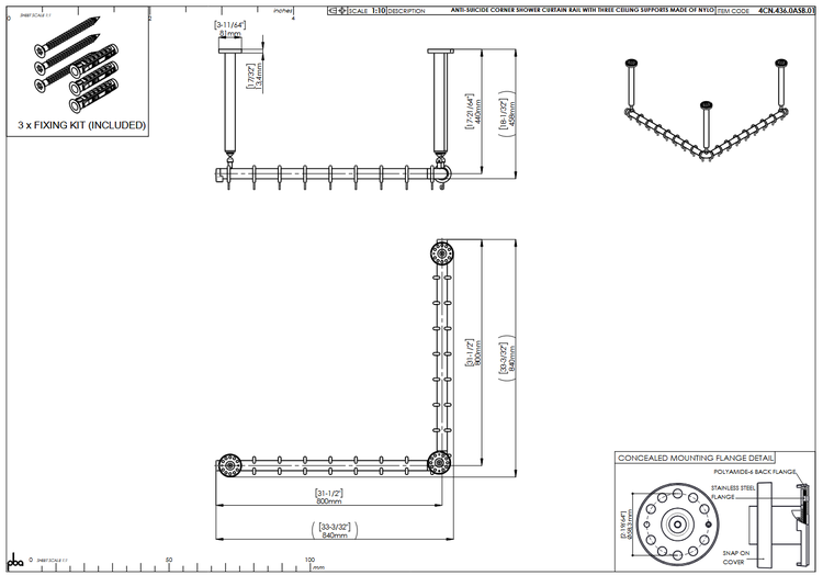 Technische Zeichnung einer suizidhemmenden Eck-Duschvorhangstange mit drei Deckenstützen, Maße 800 mal 800 Millimeter, inklusive Befestigungssatz.