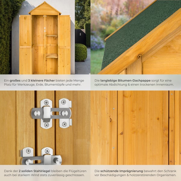 Details eines Holzgartenschranks mit Bitumendachpappe, Stahlriegeln und Imprägnierung zum Schutz vor Beschädigungen