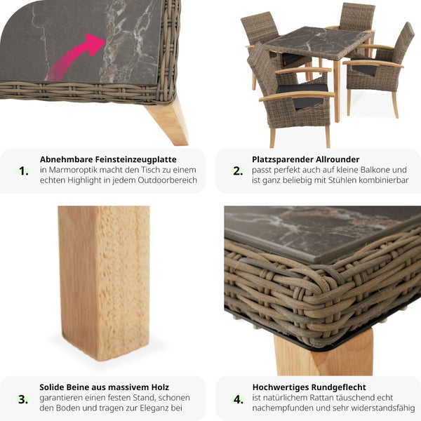 Rattan Tisch tectake Tarent 93,5 x 93,5 x 75 cm mit Aluminium- und Holzgestell natur