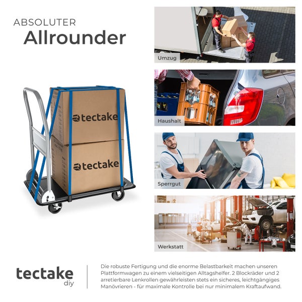 Plattformwagen tectake  Ladefläche 73 x 47 cm klappbarer Handgriff mit Aufbewahrungsfach schwarz