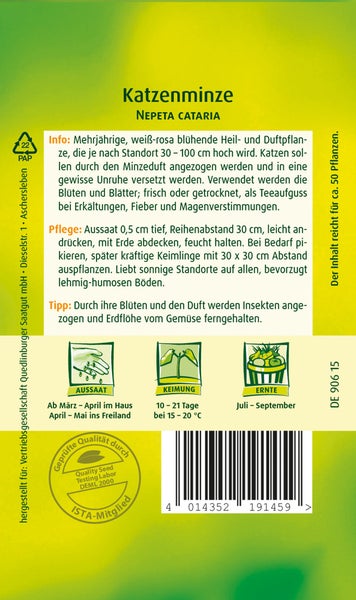 Rückseite der Samenpackung für Katzenminze Nepeta Cataria mit Infos zu Aussaat ab März, Keimung, Ernte bis September und ISTA Logo.