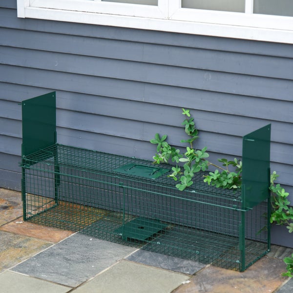 PawHut Tierfalle, Marderfalle für Kaninchen, 2 Eingänge Griff, 100L x 25B x 28H cm, Metall, Dunkelgrün