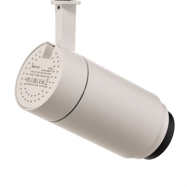 Zylindrischer LED-Strahler von Arcchio mit technischen Angaben auf der Rückseite und verstellbarer Halterung.