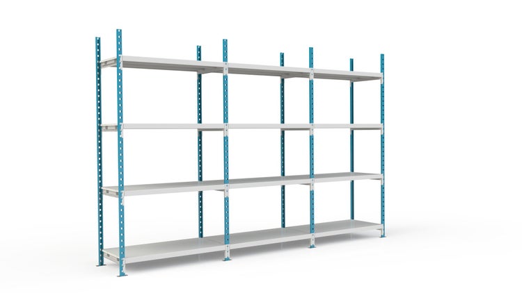PROREGAL Fachbodenregal Maximus Pro HxBxT 220 x 100 x 50 cm 4 Ebenen Metallplatten-Fachboden Fachlast 286 kg Lichtblau-Lichtgrau