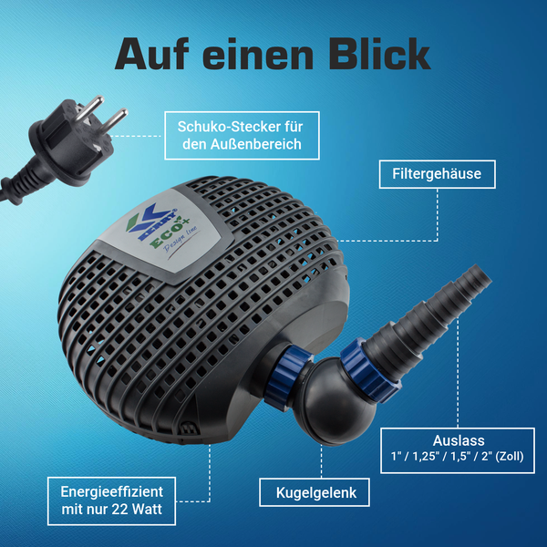 Teichpumpe Kerry Eco plus Design line mit Schuko-Stecker für den Außenbereich, Filtergehäuse, Kugelgelenk und Auslass für verschiedene Schlauchgrößen.