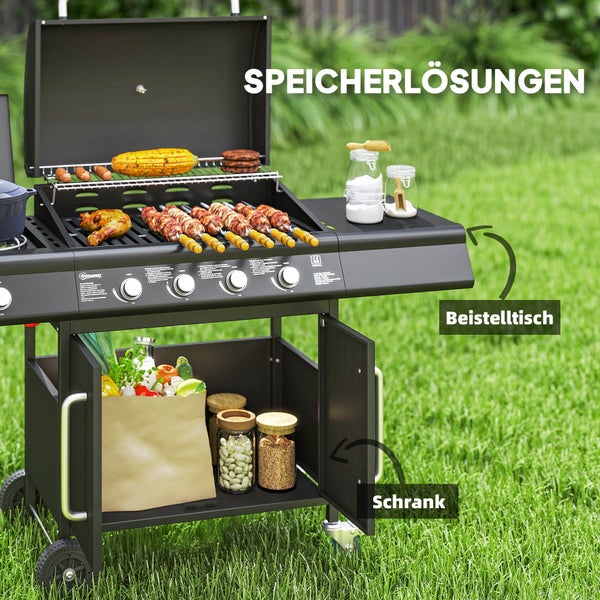 Outsunny Gasgrill 15,2 KW Grillwagen inkl 5 Edelstahl-Brenner Rolle Seitenkocher Druckminderer Gasschlauch Deckel Thermometer Seitenablagen, BBQ Gartengrill für Balkon, Grill 129,5 x 56 x 110 cm