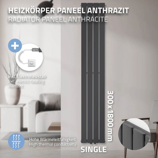 ML-Design Paneelheizkörper Einlagig 1800x300 mm Anthrazit mit Heizstab 1200W Design Badheizkörper Mittelanschluss Bad/Wohnraum Heizung Designheizkörper Flach Heizkörper Flachheizkörper Vertikal Röhren
