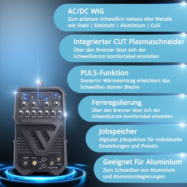 AC/DC WIG Schweißgerät mit integriertem Plasmaschneider, Puls-Funktion, Fernregulierung, Jobspeicher und Eignung für Aluminium.