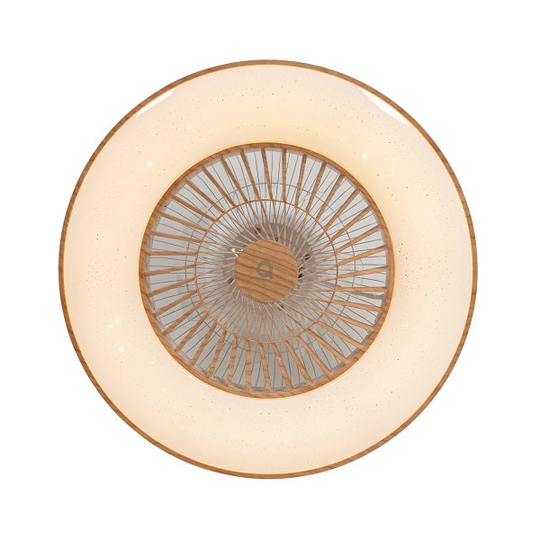 Deckenventilator mit integrierter LED-Beleuchtung in Holzoptik. Rundes Design mit Sternenhimmel-Effekt auf dem Leuchtring.