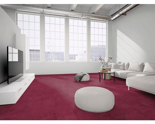 Moderner, heller Wohnraum mit großflächigem, violettem Teppichboden, weißem Sofa, flachem TV-Board und großen Fenstern im Loft-Stil.