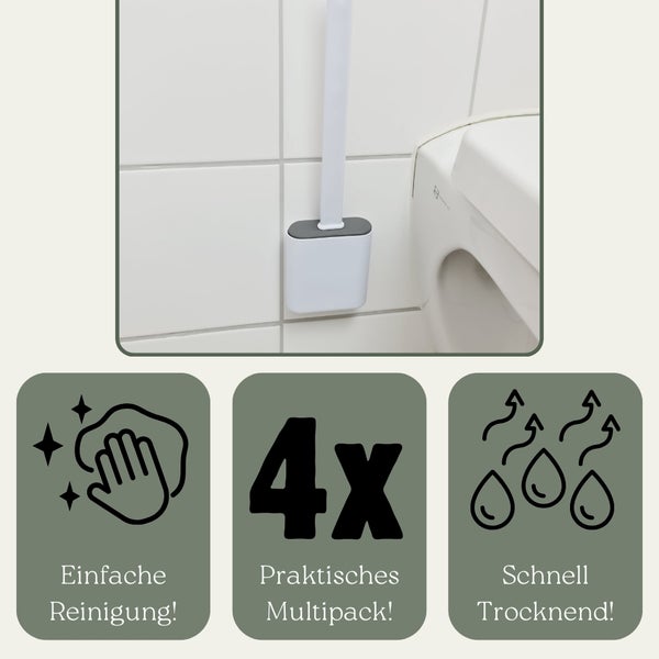 Toilettenbürste neben Toilette; Symbol einfache Reinigung; Symbol Multipack; Symbol schnell trocknend