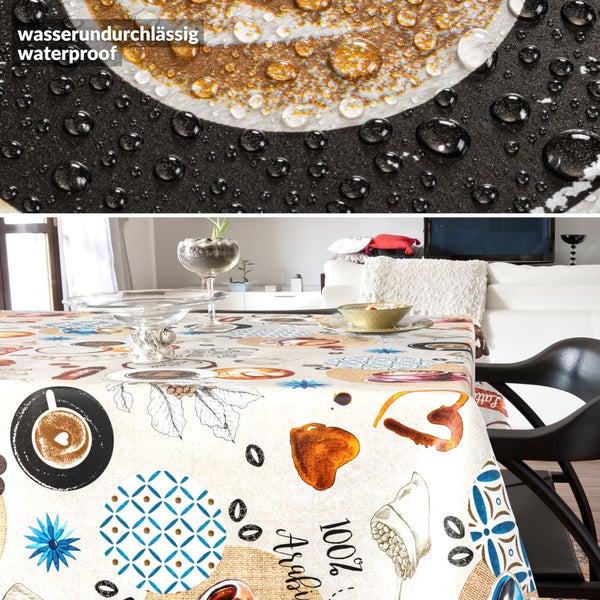 Wasserdichte Tischdecke mit Kaffeemotiv auf einem Tisch