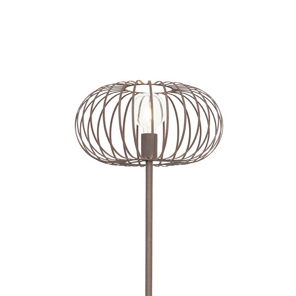 Dekorative Stehlampe mit einem Lampenschirm aus Metallstäben und einer Glühbirne.