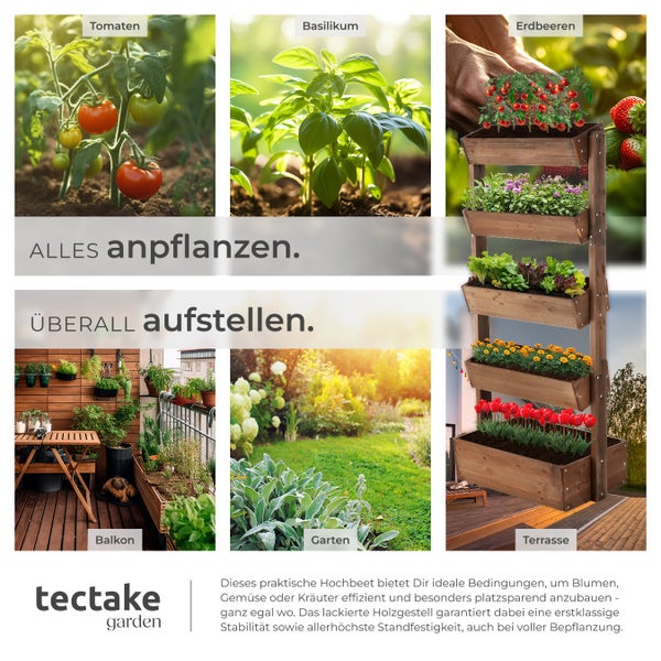 Vertikales Hochbeet aus Holz von tectake garden mit mehreren Ebenen für Blumen, Kräuter und Gemüse, geeignet für Balkon, Terrasse und Garten.