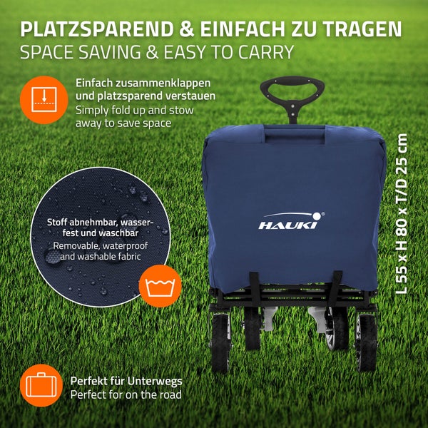 Hauki Bollerwagen XXL faltbar mit Dach & Tasche, Blau-Grau, Handwagen klappbar zum Schieben & Ziehen, Transportwagen für Kinder, 360° drehbare Vorderräder, PU Räder mit Bremsen, Transportkarre 120 kg