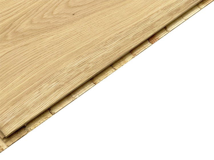 Parkettdiele mit sichtbarer Holzmaserung und Klick-Verbindungssystem.