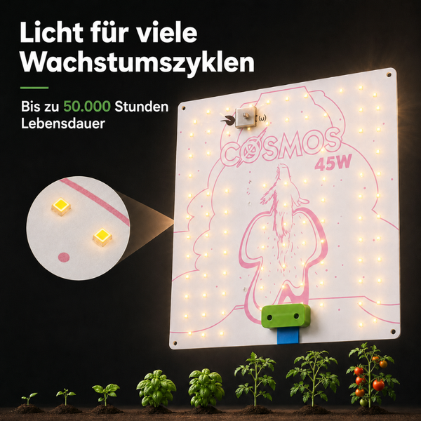 Cosmos 45 Watt LED-Pflanzenlampe mit einer Lebensdauer von bis zu 50.000 Stunden, geeignet für verschiedene Wachstumsphasen von Pflanzen.