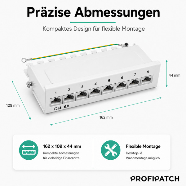 8-Port Cat. 6A Patchpanel, Abmessungen 162 mal 109 mal 44 Millimeter, geeignet für Desktop- und Wandmontage. Profipatch Logo.