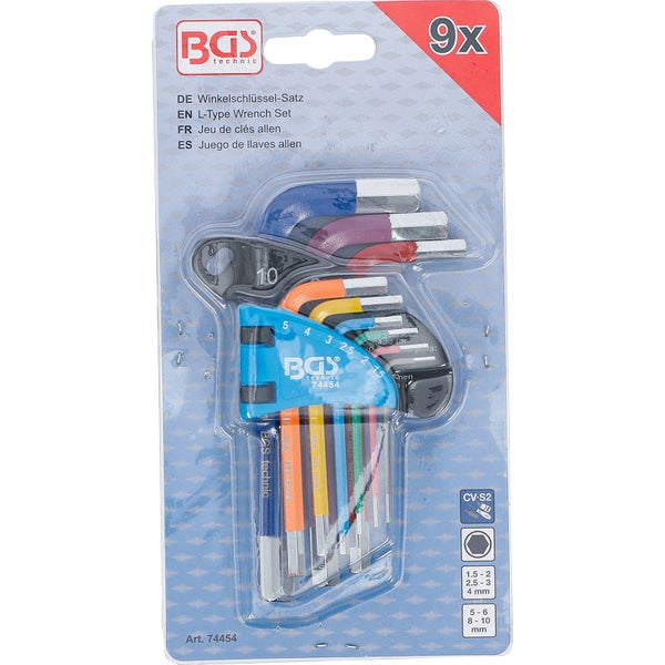 BGS Technic Winkelschlüssel-Satz 9-teilig, Innensechskant mit Kugelkopf, farbig codiert, 1,5 bis 10 Millimeter.