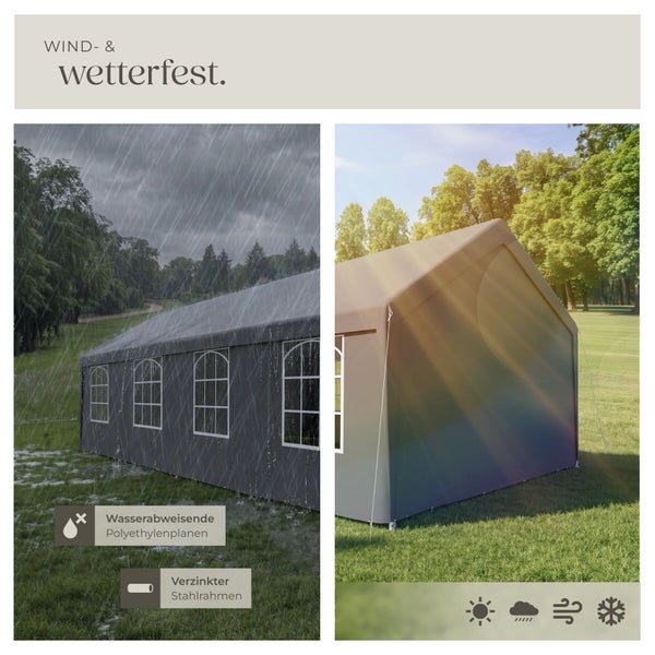 Wetterfestes Partyzelt für den Außenbereich mit wasserabweisenden Polyethylenplanen und verzinktem Stahlrahmen bei Regen und Sonnenschein.
