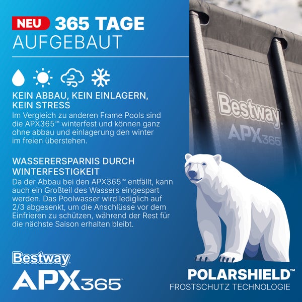 Bestway APX365 Frame Pool Produktinformation: 365 Tage aufgebaut, kein Abbau notwendig.