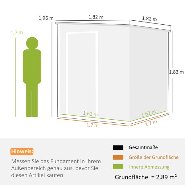 Maßzeichnung eines Gartenhauses mit Außenmaßen, Fundamentgröße und Innenraummaßen sowie einer menschlichen Figur zum Größenvergleich.