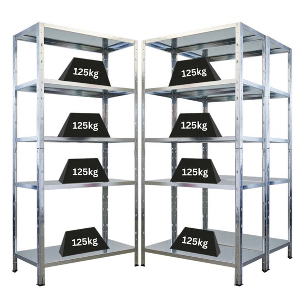 Zwei Metallregale mit jeweils fünf Ablageflächen und einer Traglast von 125 kg pro Regalboden.